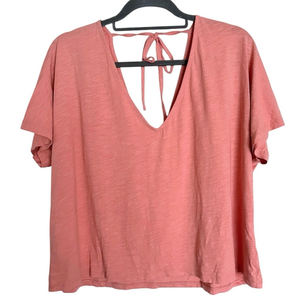 Boden V Neck Coral Short Sleeve Tie Back Boxy Slub Tee Shirt size 14 - Picture 4 of 7